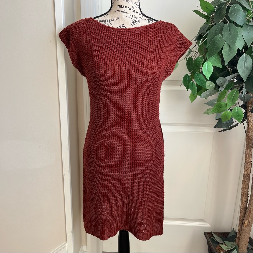 Mandee Boat Neck Bat Sleeve Knit Tunic Length Sweater Dress Brown Sz M